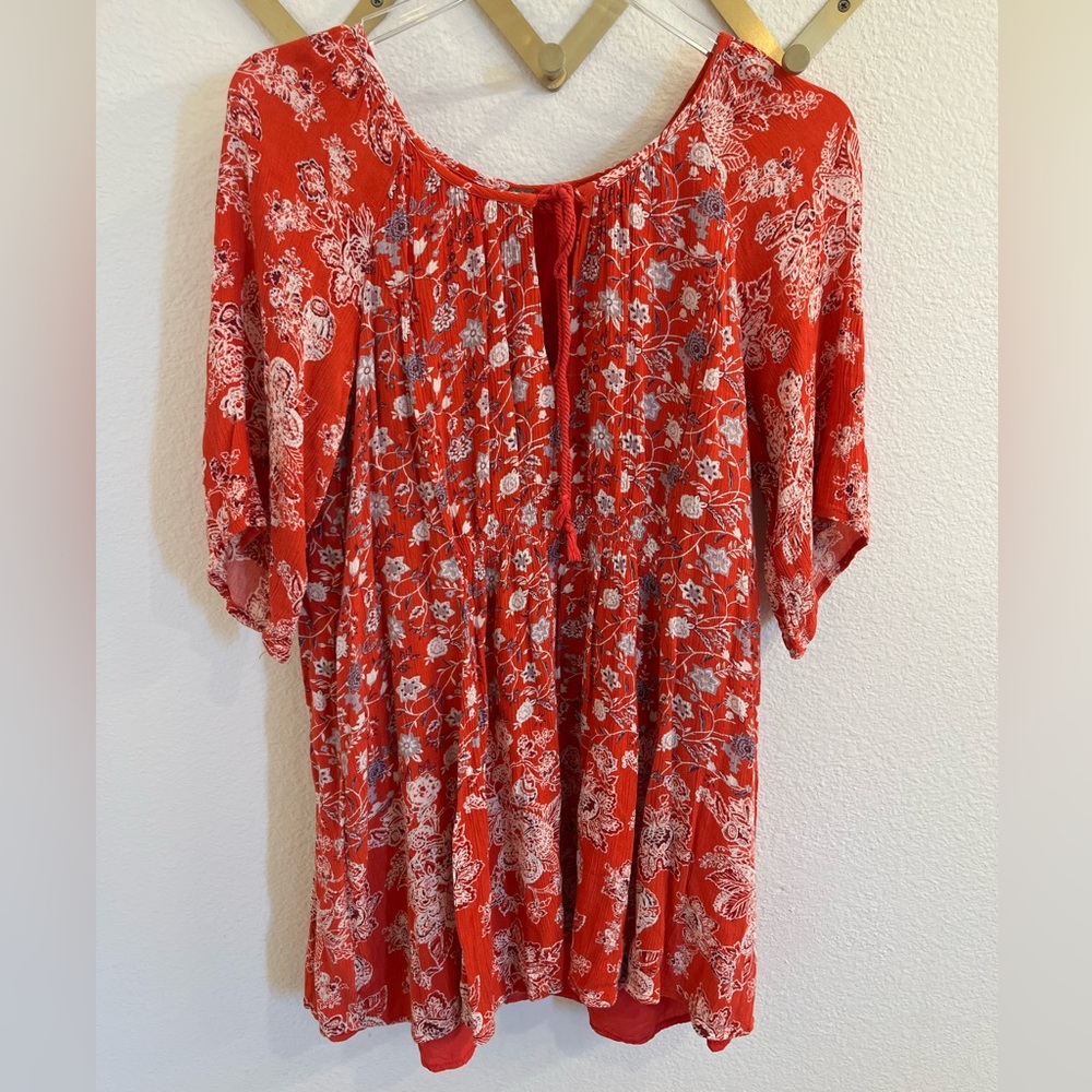 Free People Red Floral Bell Sleeve Mini Dress Medium